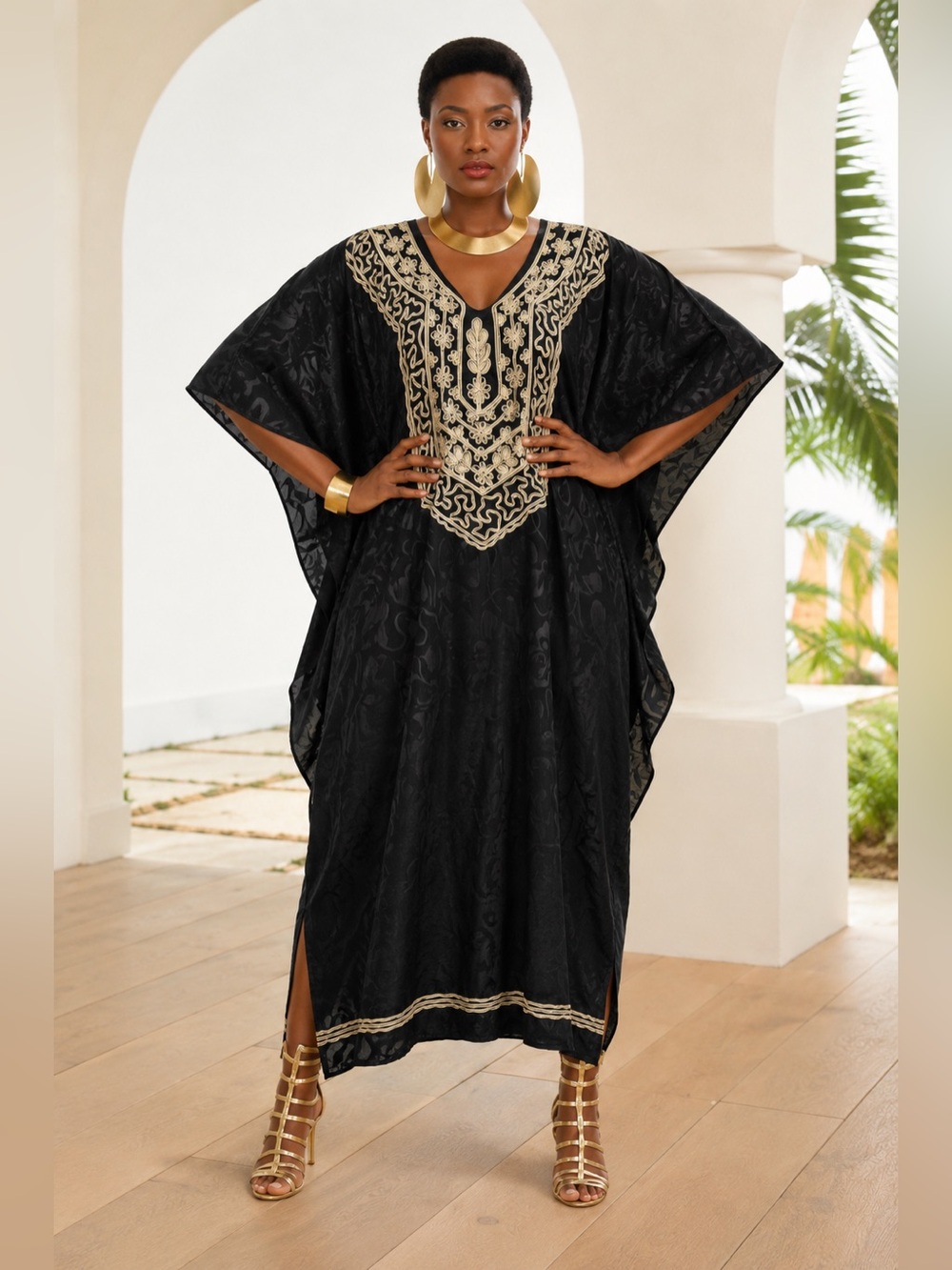Ashro Black Maxi Kaftan with Gold Embroidery